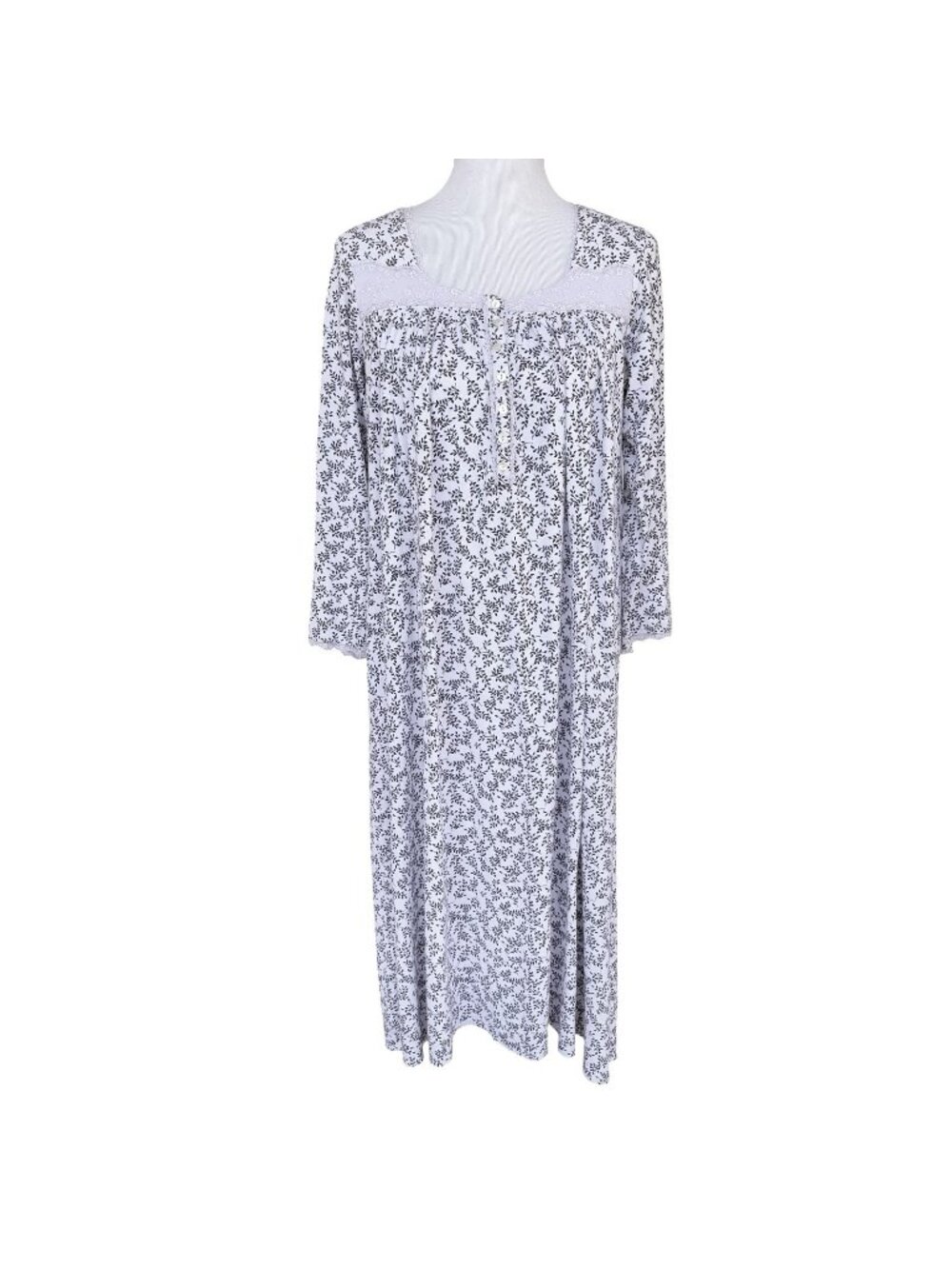 Eileen West Cotton Long Nightgown Size Small Black White Floral Lace Trim Button